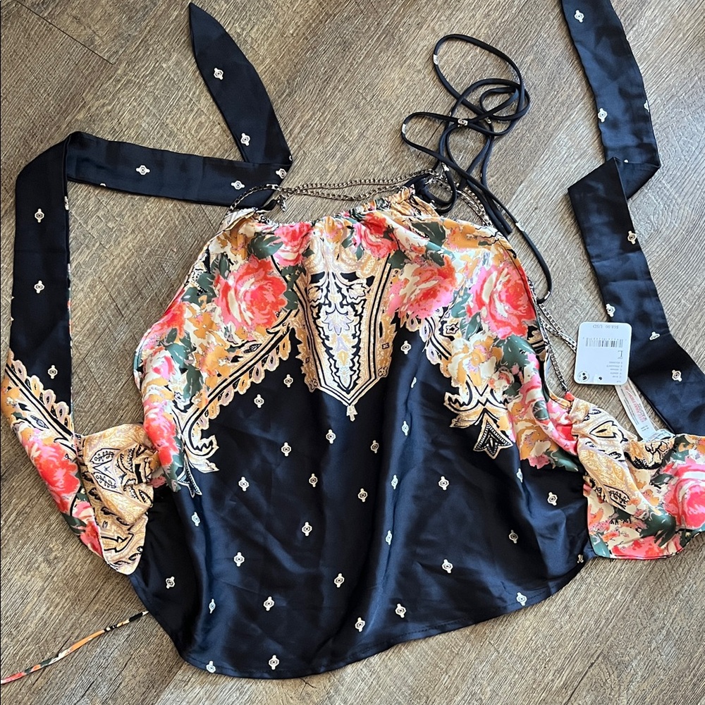 Free People Black Floral Halter Tie-Back Top